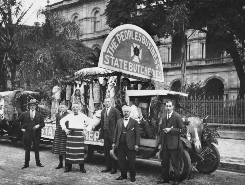 Butchers posing in front of their Labor Day float, Brisbane, 1920