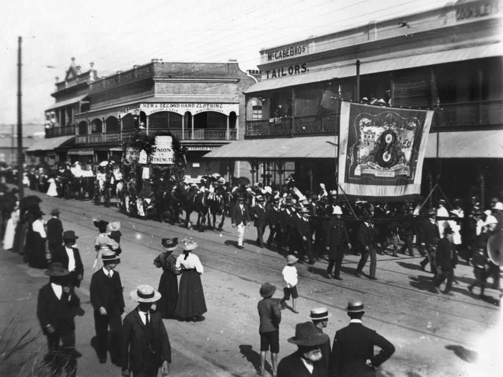 Eight Hour Day procession in Wickham Street, Fortitude Valley, ca. 1908.