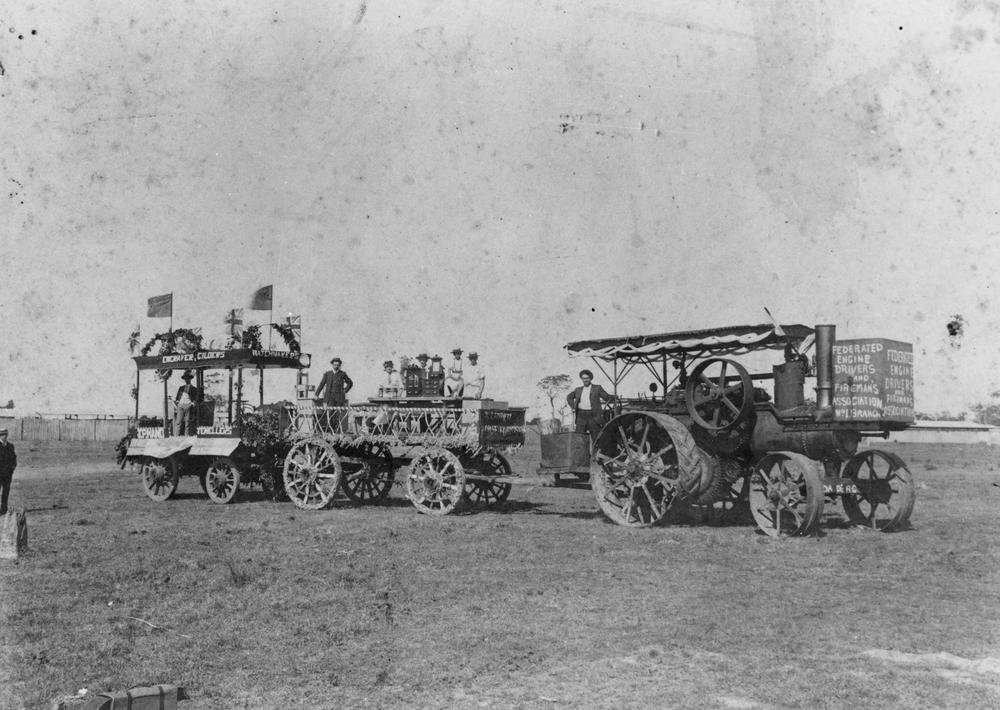 Three procession floats travelling through Bundaberg celebrating Eight Hour Day, 1902