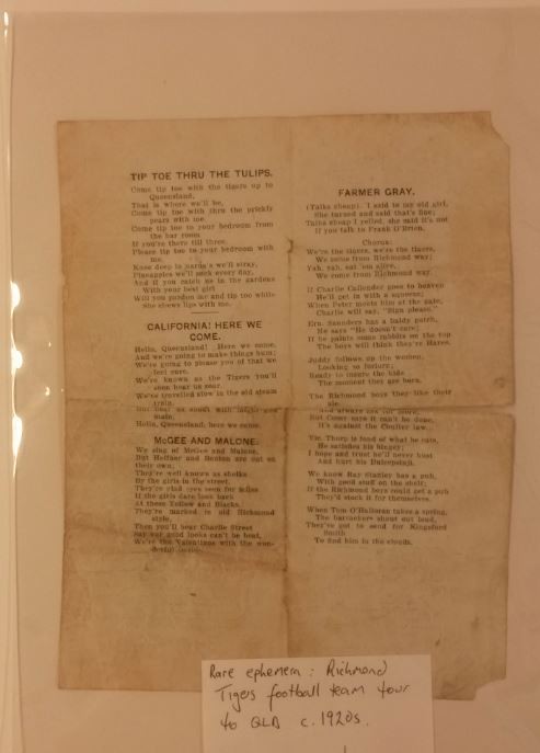 Song sheet : Richmond Tigers tour of Queensland, 1920's. John Oxley Library, State Library of Queensland