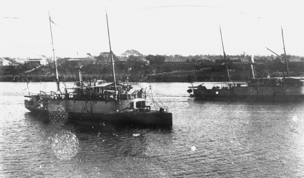 Two gunboats on the river at Bundaberg, Queensland, ca. 1898.