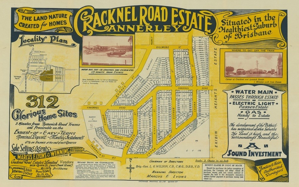 map of Cracknel Road Estate from 1924. There are decorative banners and inset images around the map