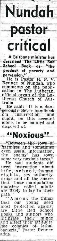 Courier Mail article 1972 about Little Red School Book and Nundah pastor