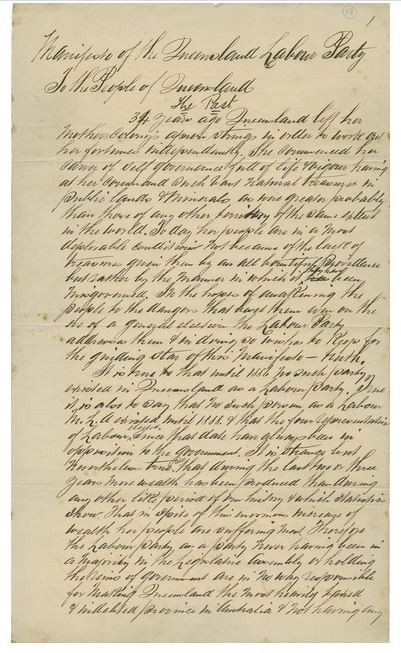 Manifesto of the Queensland Labor Party 9 Sep 1892 OM69-1816 - Papers of Charles Seymour John Oxley Library State Library of Queensland