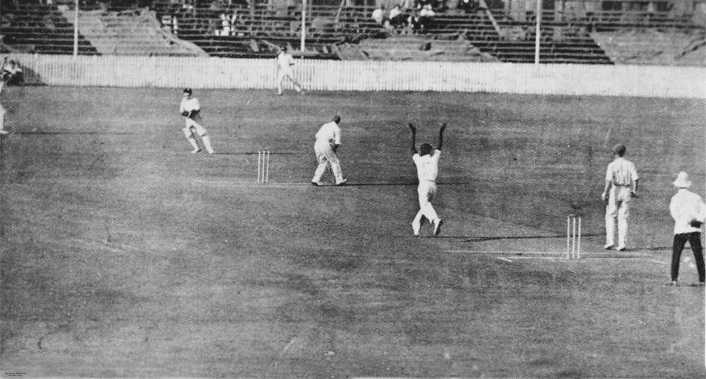 Eddie Gilbert, Donald Bradman and team playing cricket at the Woolloongabba Cricket Ground