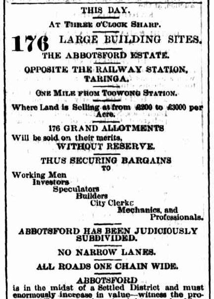 Auction advertisement for Abbotsford Estate in the Brisbane Courier newspaper