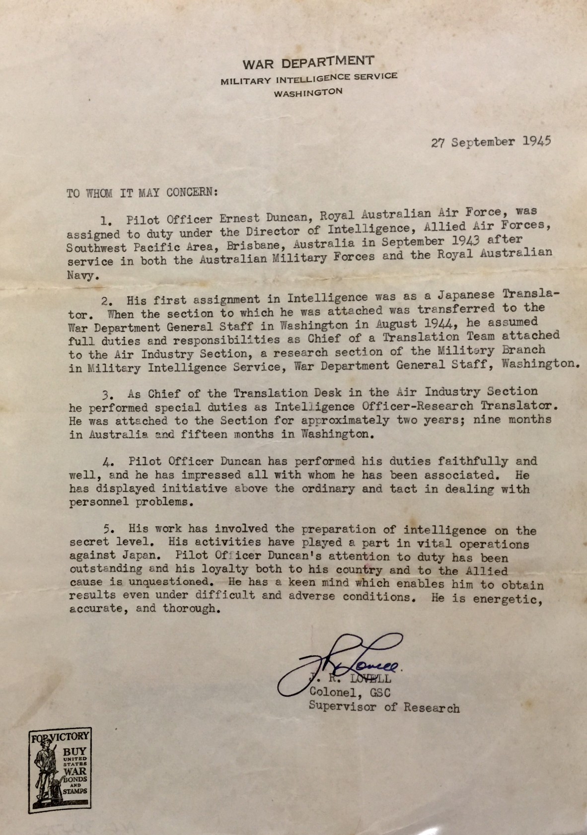 Statement of Pilot Officer Ernest Duncans Military Intelligence Service 27 September 1945