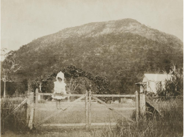 Girl on wooden gate at Inglenook, Mt Jukes