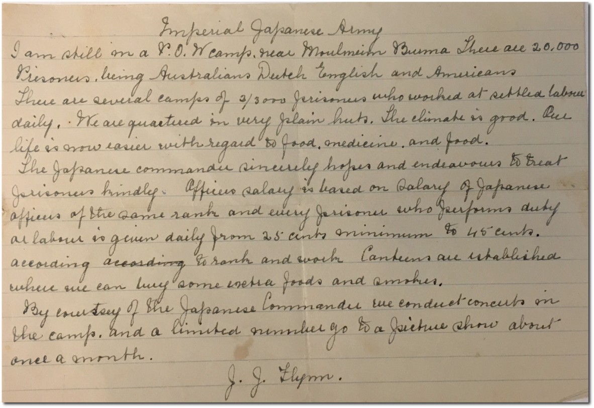 Letter from Jack Flynn to his family, while prisoner of the Japanese