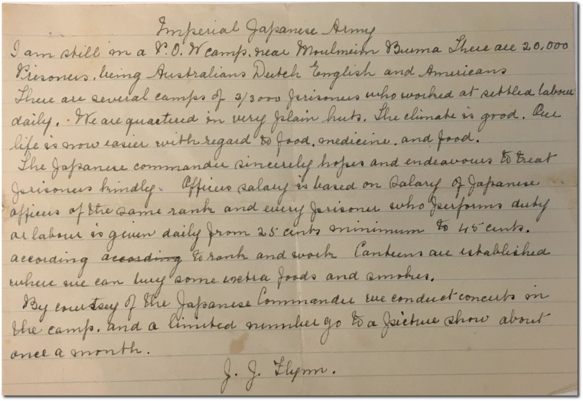 Letter from Jack Flynn to his family, while prisoner of the Japanese