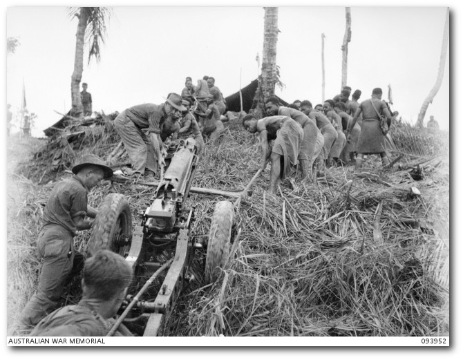 Hauling artillery along Ulupu Ridge, Prince Alexander Ranges, Ulupu, 1945