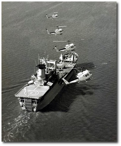 RAAF Iroquois helicopters approaching HMAS Tobruk,