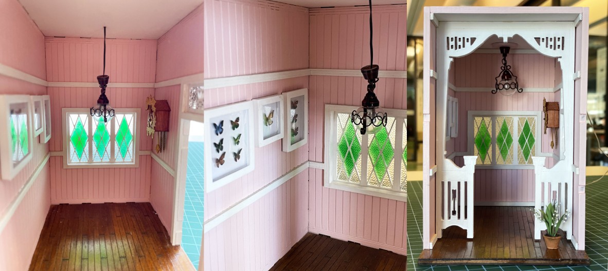A collage of three photos showing of interior and exterior of a finished qld book nook. The nook is pink with white accents. 