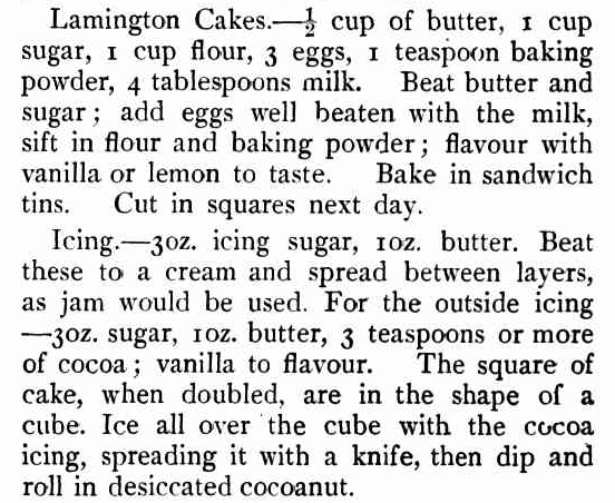 A recipe for "Lamington Cakes" from the Monday 17 December 1900 edition of "Queensland Country Life"