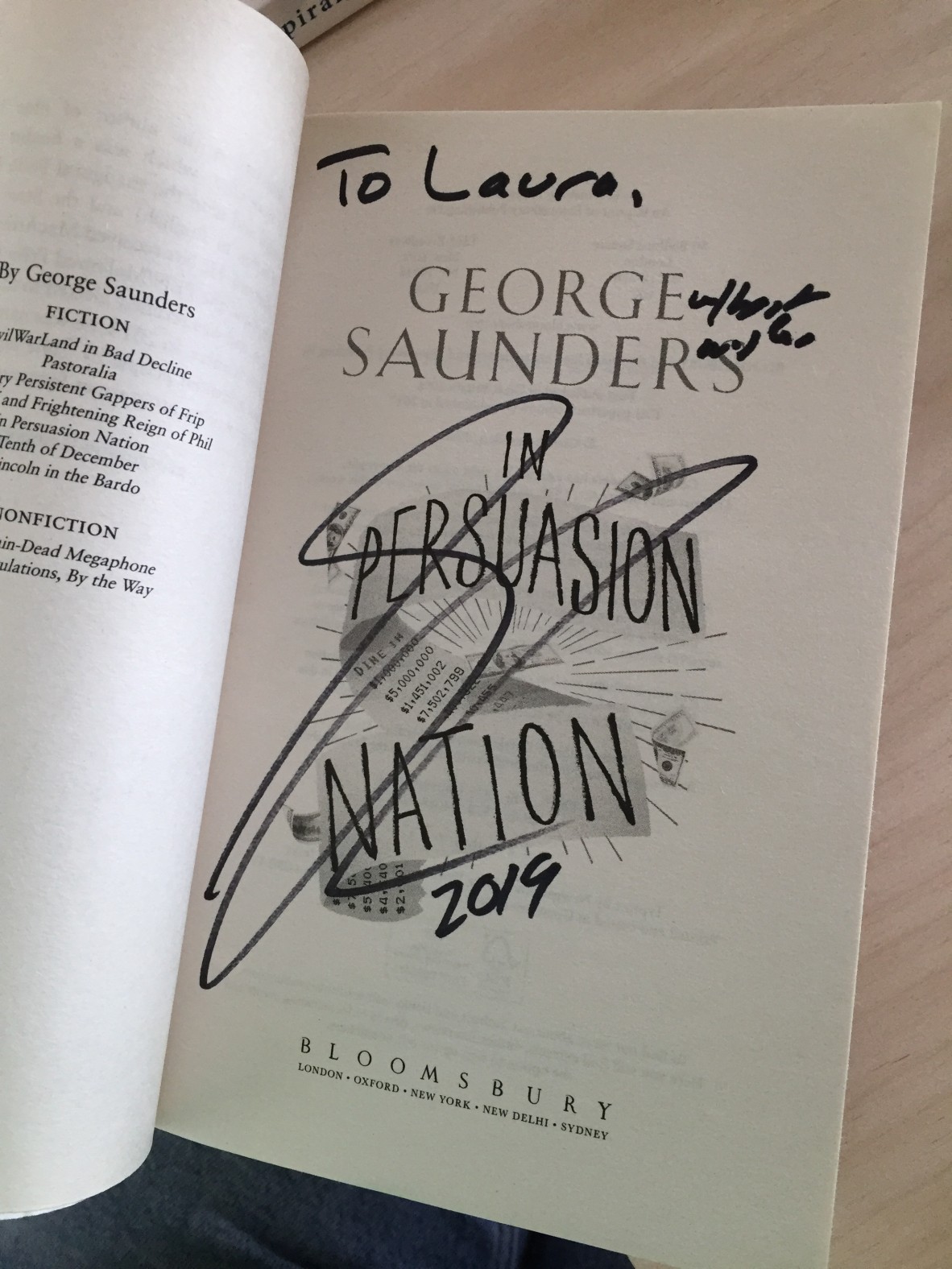 The title page of George Saunders's book In Persuasion Nation. It is signed to Laura