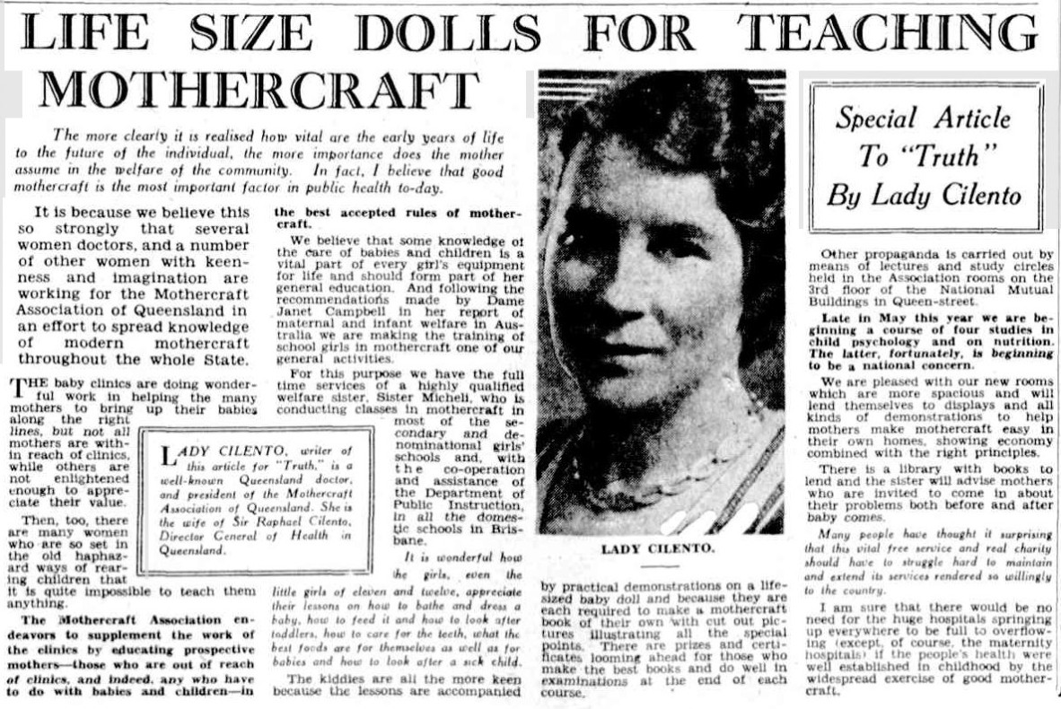LIFE SIZE DOLLS FOR TEACHING MOTHERCRAFT (1937, April 4). Truth (Brisbane, Qld. : 1900 - 1954), p. 27.