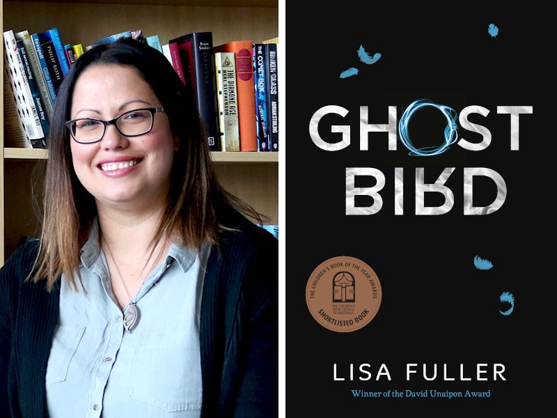 Two images the left is of author Lisa Fuller from the chest up She is wearing glasses and smiling The left is the book cover of Ghost Bird it is black with white text and a few blue feathers