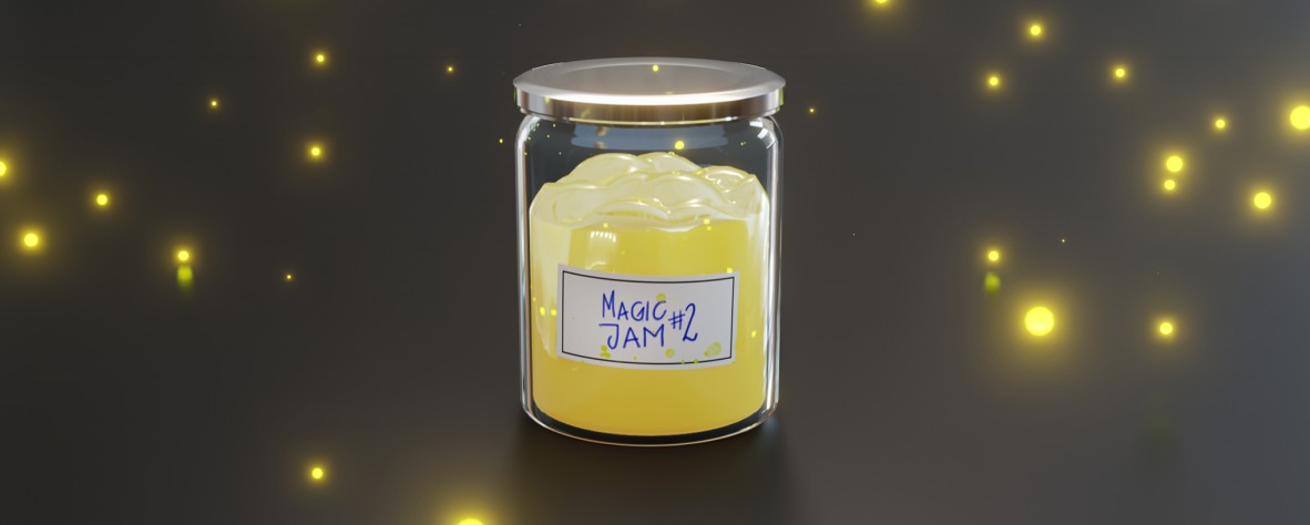 A magical jar of jam, light particles flying around, label reads "Magic Jam #2"