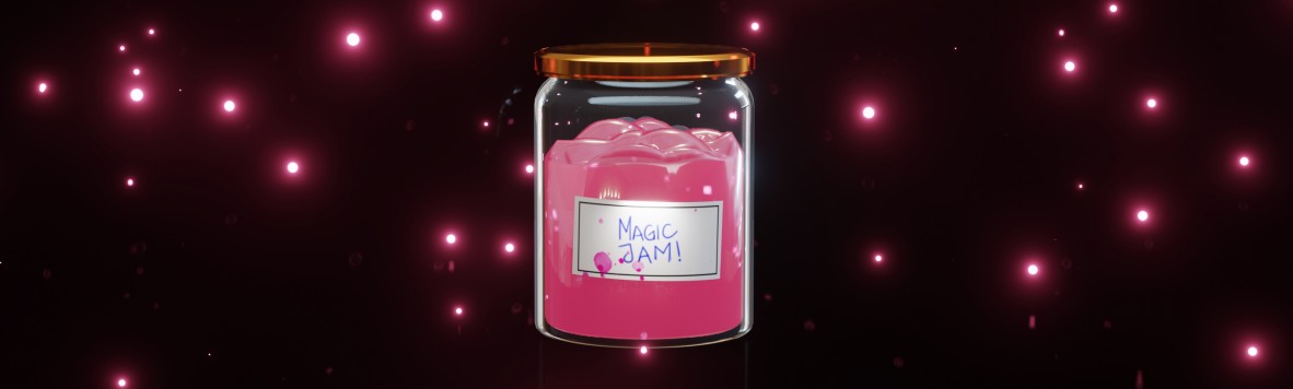 A magical jar of jam, light particles flying around, label reads "Magic Jam"