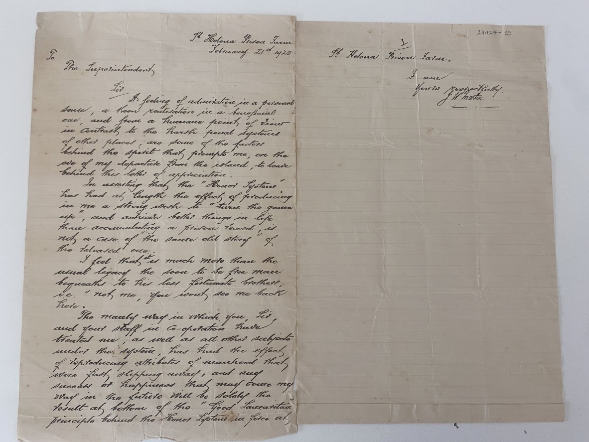 Letters that sent to acting superintendent Patrick Roche by prisoners to express the gratitude for the honour system and the time they served as St Helena Island Prison Farm, February 1928.