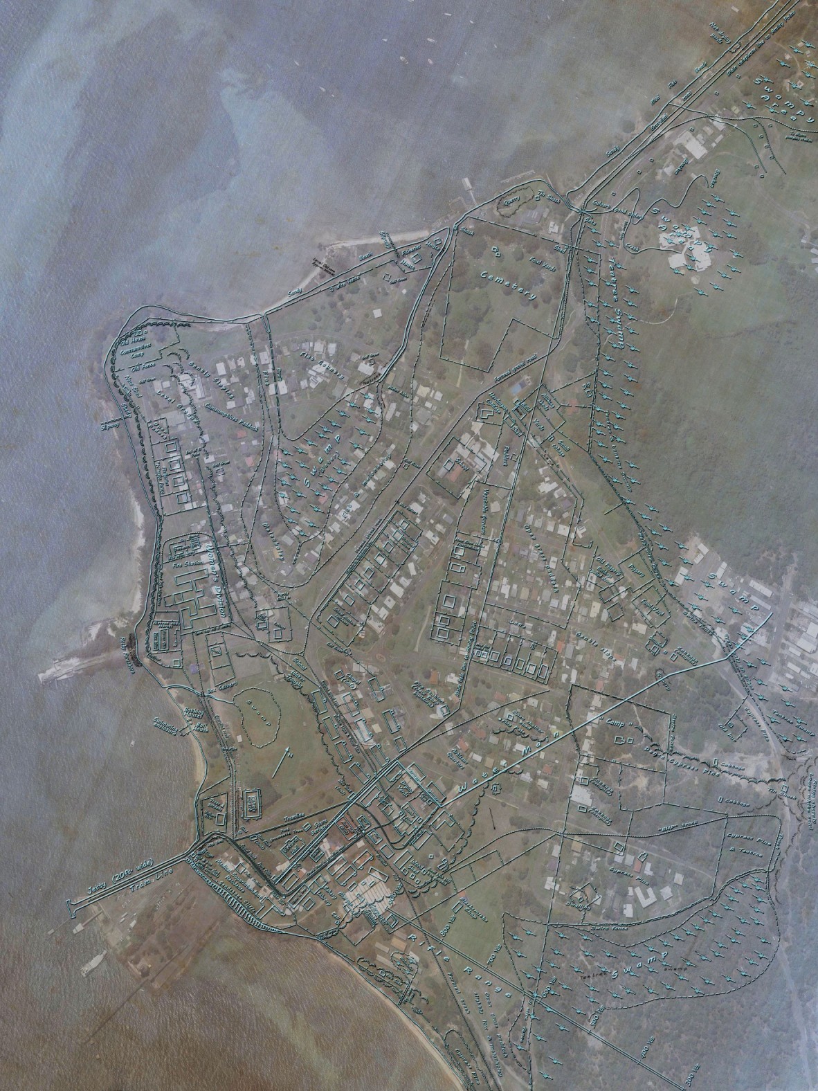 This map is a compilation of two survey plans of the Dunwich Benevolent Asylum overlaid on a current google earth image of Dunwich.  Sketch survey map of the Dunwich Benevolent Asylum by David Dietrichson, surveyor 1913.  Plan of feature survey of Dunwich.  C.J. Gu, surveyor, 1947. 