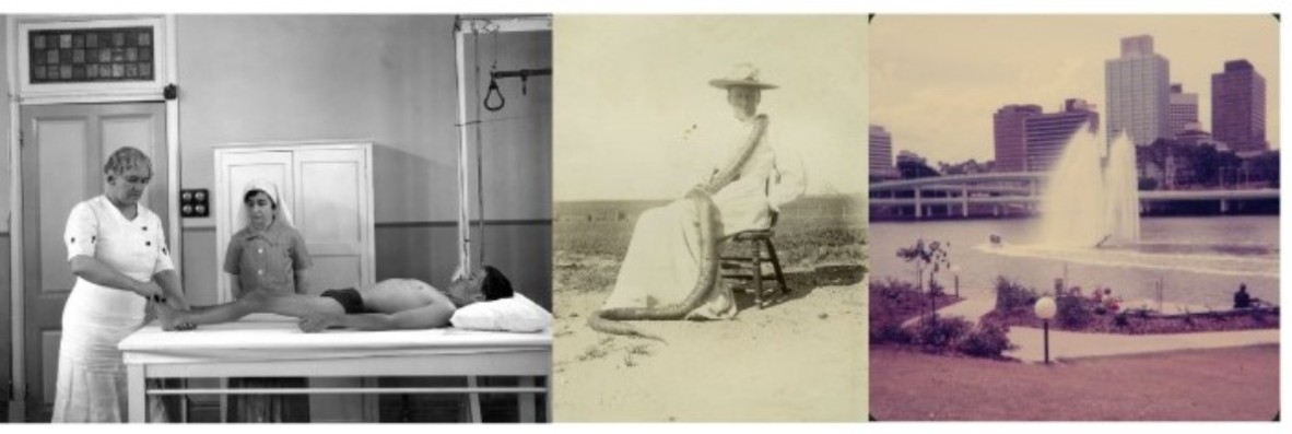 Sister Elizabeth Kenny treating polio, Woman with large dead tiger snake draped around her, Brisbane river fountain 