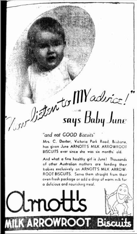 advertisement for Arnott's milk arrowroot biscuits