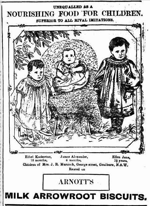 advertisement for Arnott's milk arrowroot biscuits