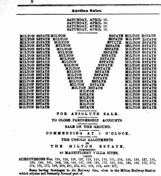 Newspaper advertisement for the Milton Estate auction in 1886