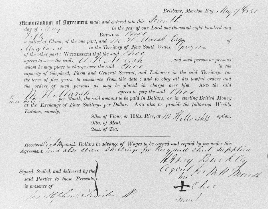 Memorandum of agreement between Choo and MH Marsh owner of Maryland Station in 1850 John Oxley Library State Library of Queensland Neg 161619