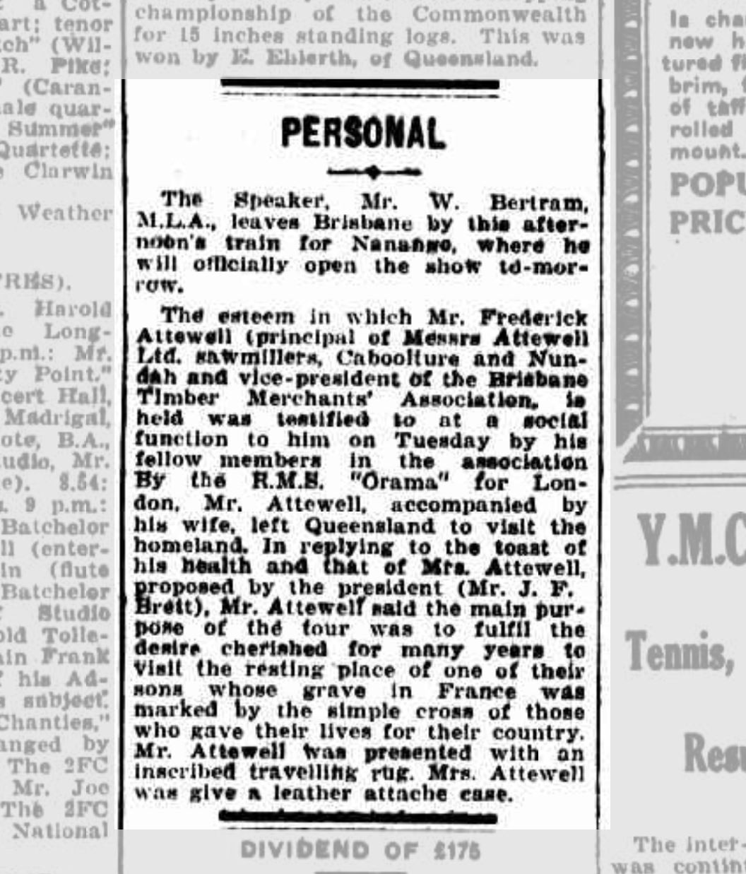 PERSONAL 1927 April 21 News article about Frederick Attewells trip to Europe to visit the grave of his son Jack Attewell