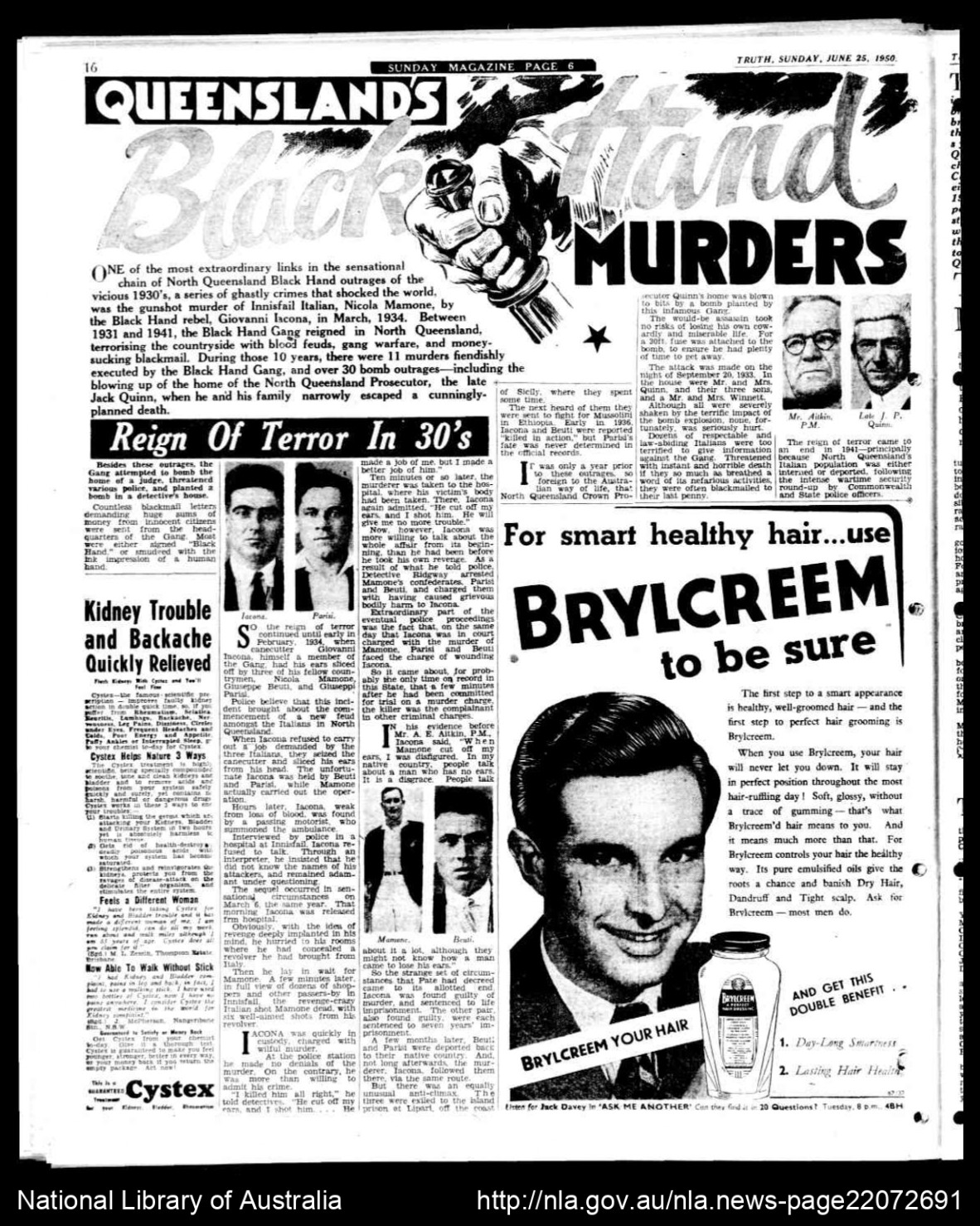 Queenslands Black Hand Murders Truth Brisbane Qld  1900 - 1954 Sunday 25 June 1950 page 16