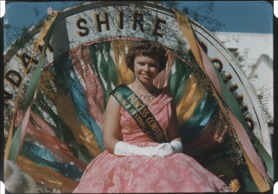 Entrant in Princess Competition, Gayndah Orange Festival. Still from 29226 Bill Rahmann films (Film 17)
