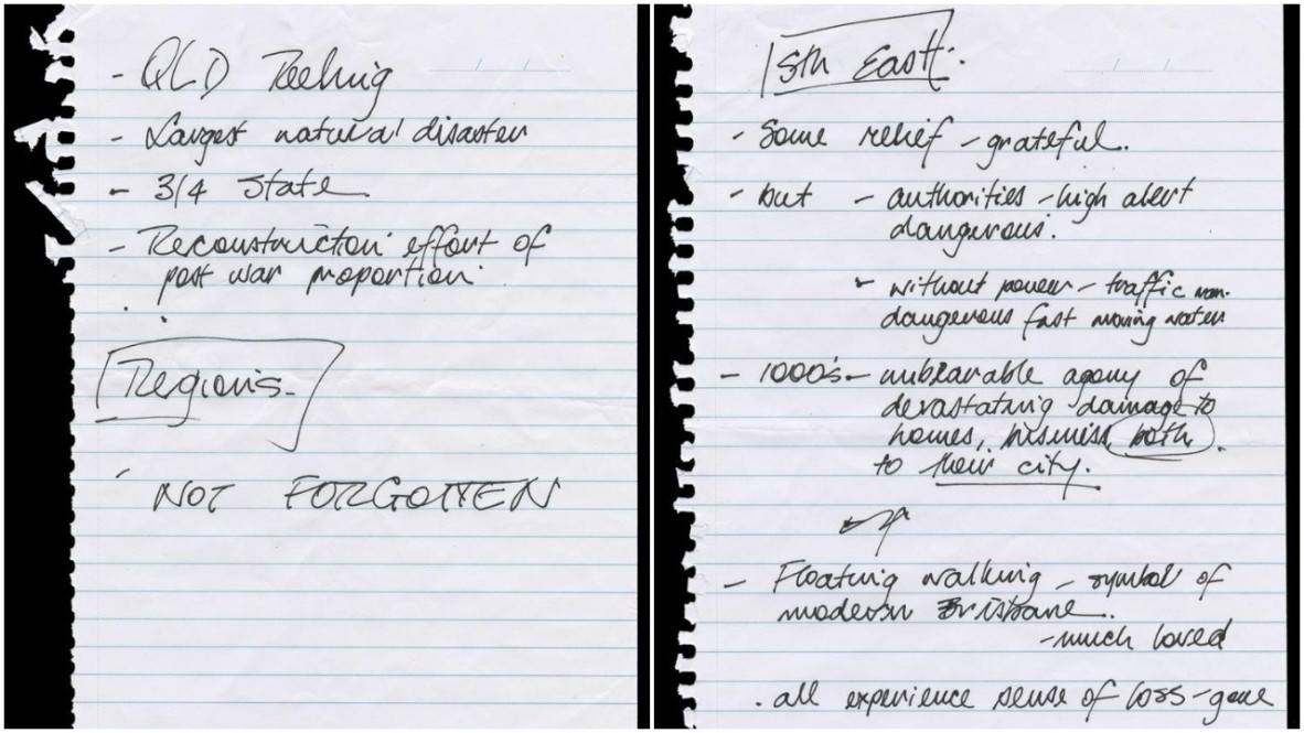 Handwritten speech notes written by Queensland Premier Anna Bligh during the 2011 Queensland floods