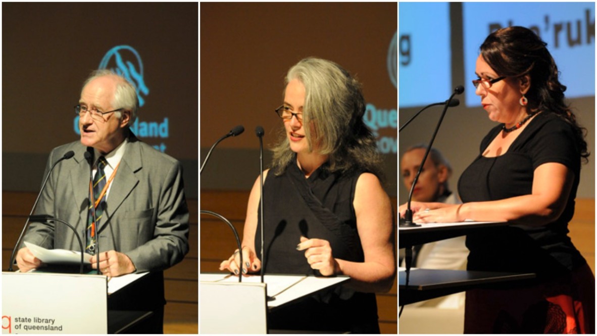 Left to right - Chairperson of the Library Board of Queensland, Prof. Roland Sussex, Arts Queensland’s Robyn Daw and Fiona Foley, Black Opium Symposium, 2010