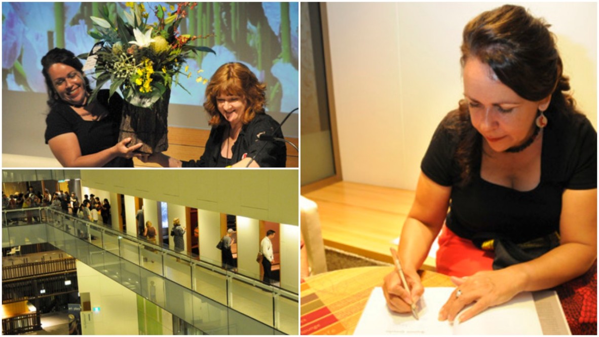 Three photographs - Image 1 - State Librarian, Lea Giles-Peters presents Fiona Foley with flowers. Image 2 - Symposium guests visit the rooms of Black Opium. Image 3 - Fiona signing copies of “Forbidden Fiona Foley”, Black Opium Symposium, 2010