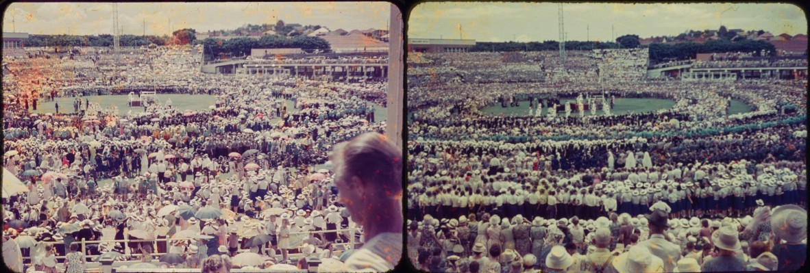 two photos of crowds at an oval to see Queen Elizabeth II