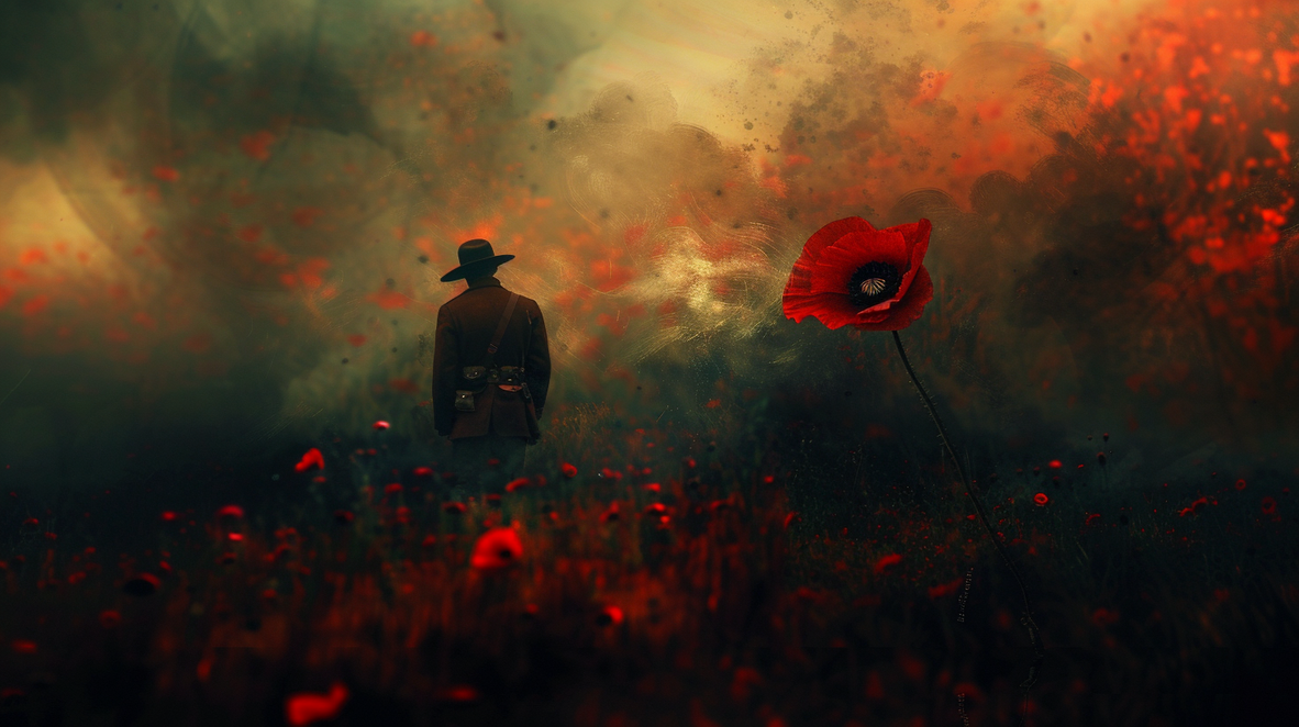 Solider in a field of poppies, generated by Midjourney V6.0
