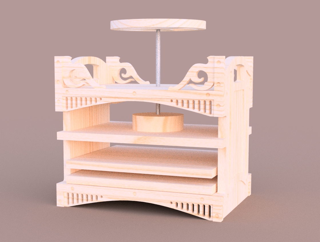 Computer render of a bookbinding press designed for CNC routing