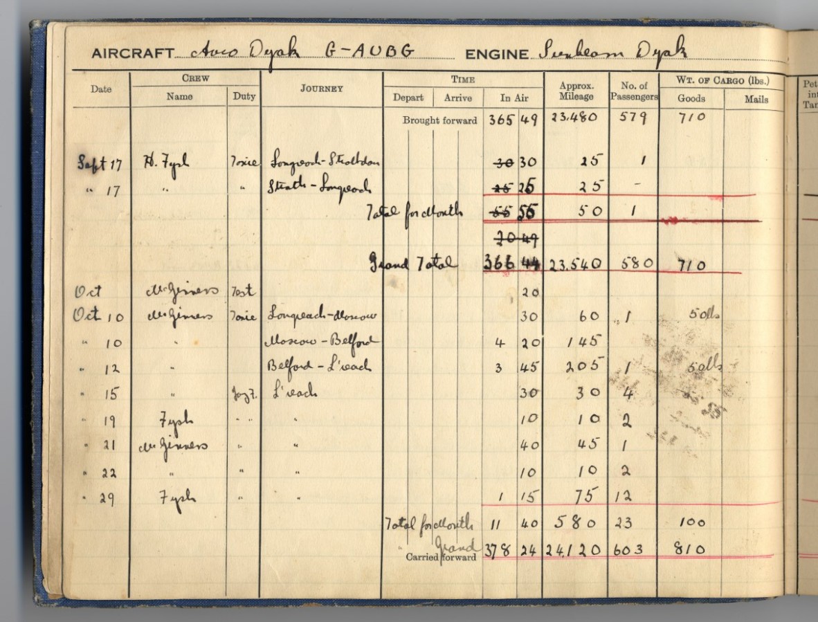 Qantas Log Book,showing pilots Fysh and McGuiness flying G-AUBG.