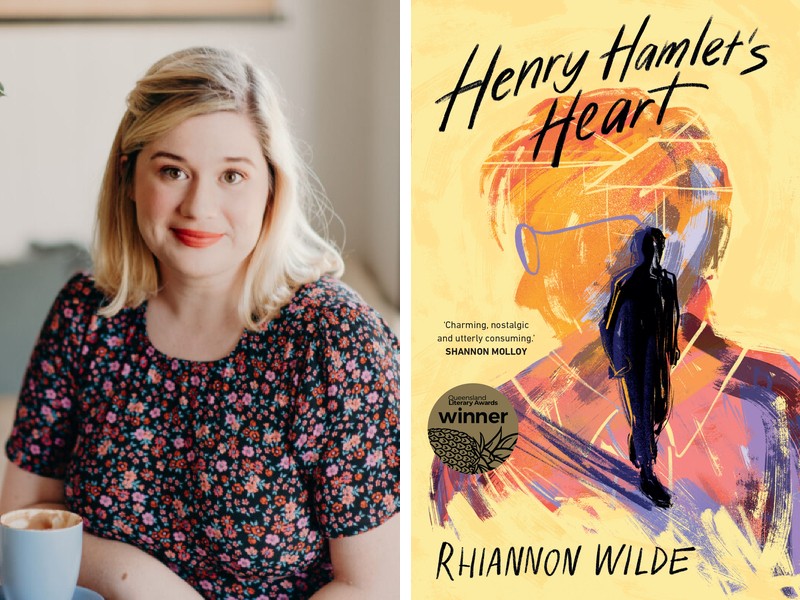 A composite image of Rhiannon in a floral shirt beside a cup of coffee and her book cover, Henry Hamlet's Heart