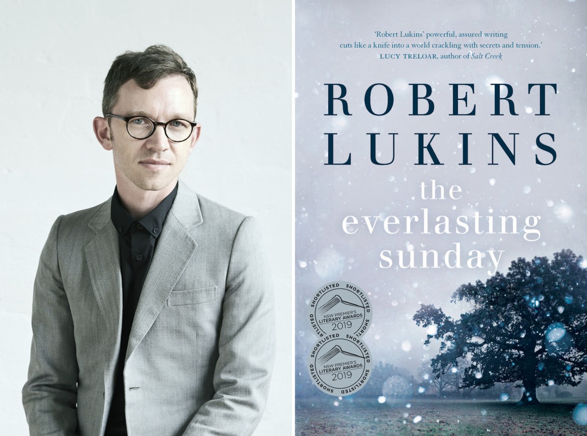 A composite image of Robert Lukins wearing a grey suit, and the cover of his novel The Everlasting Sunday