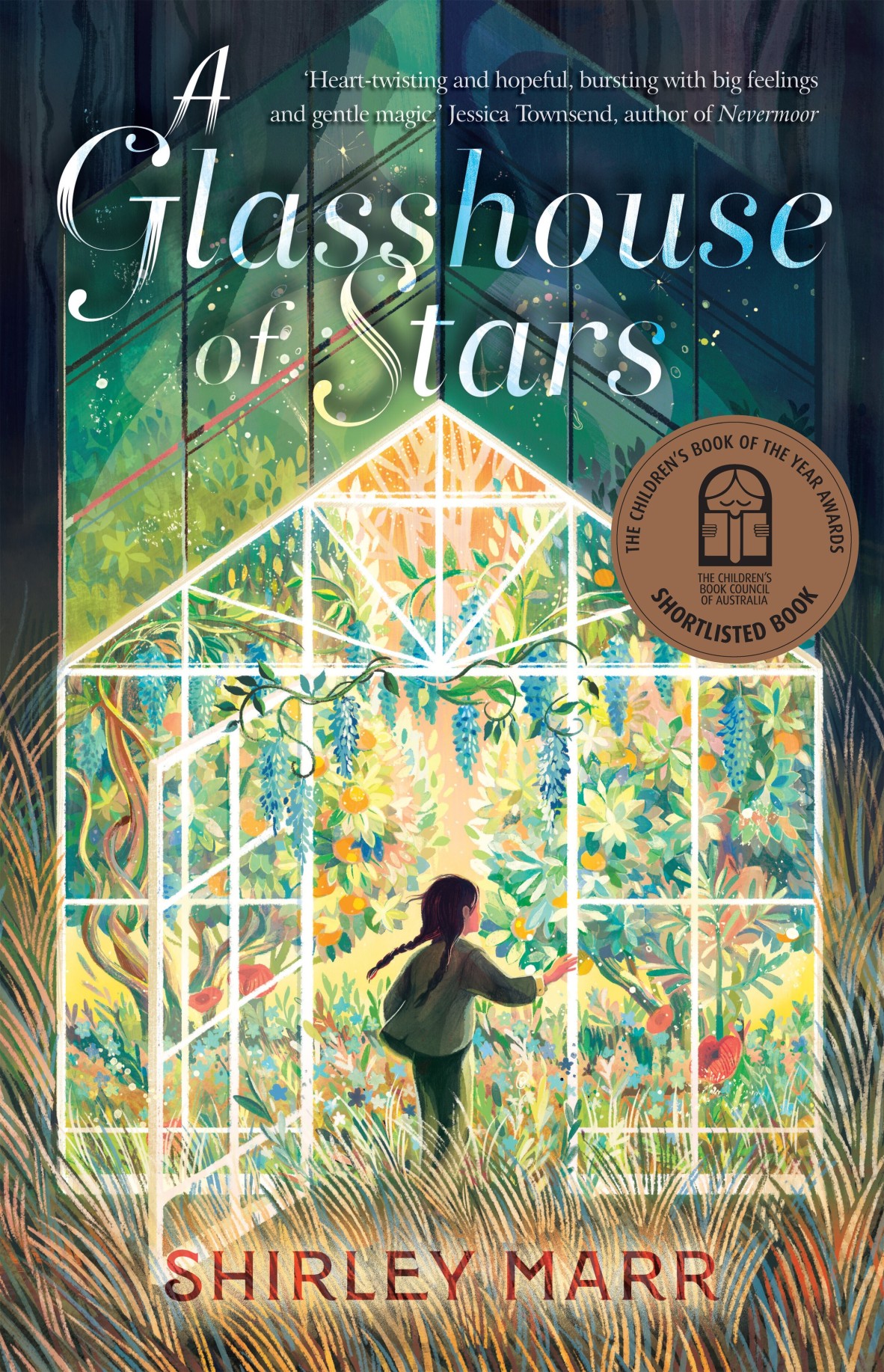 Cover of A Glasshouse of Stars by Shirley Marr A girl in plaits is walking through a glasshouse door inside are pretty trees and flowers