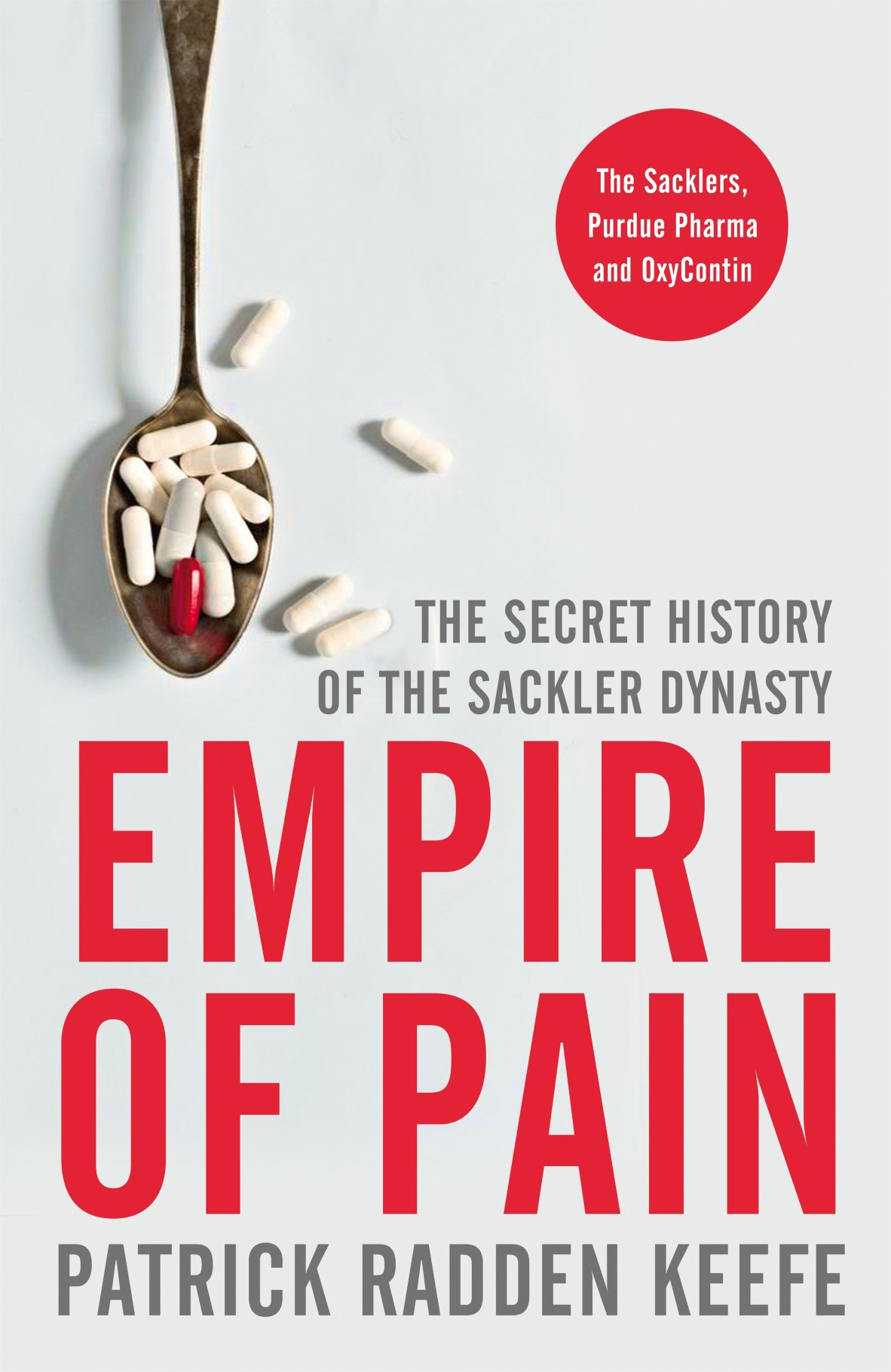 Empire of Pain by Patrick Radden Keefe - the cover shows a spoon with red and white pills overflowing