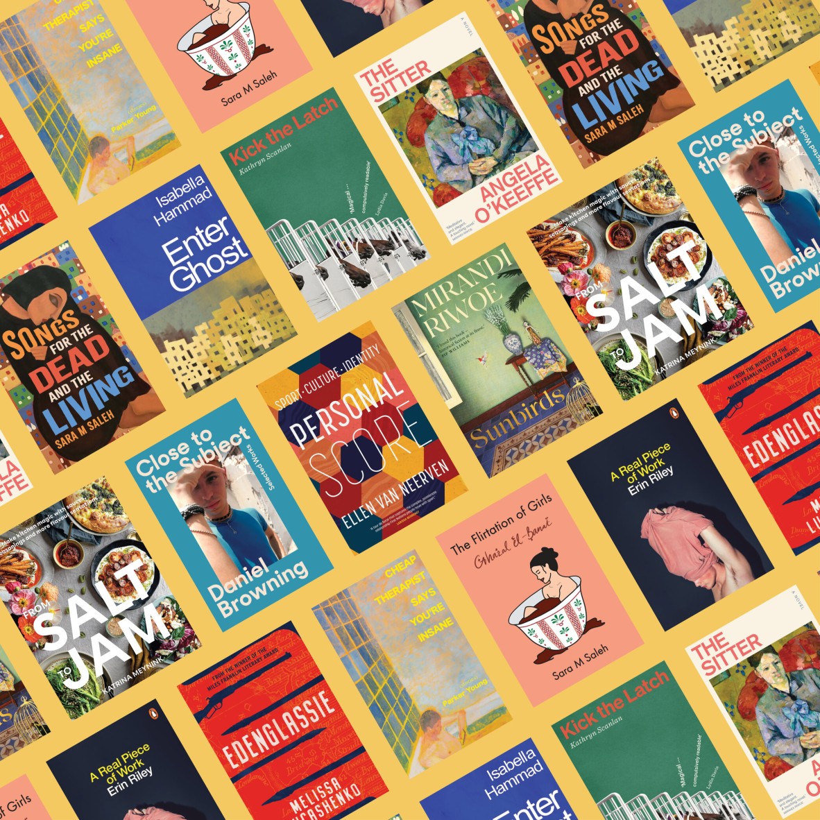 A composite image of rows of book covers, diagonally lined up on a yellow background