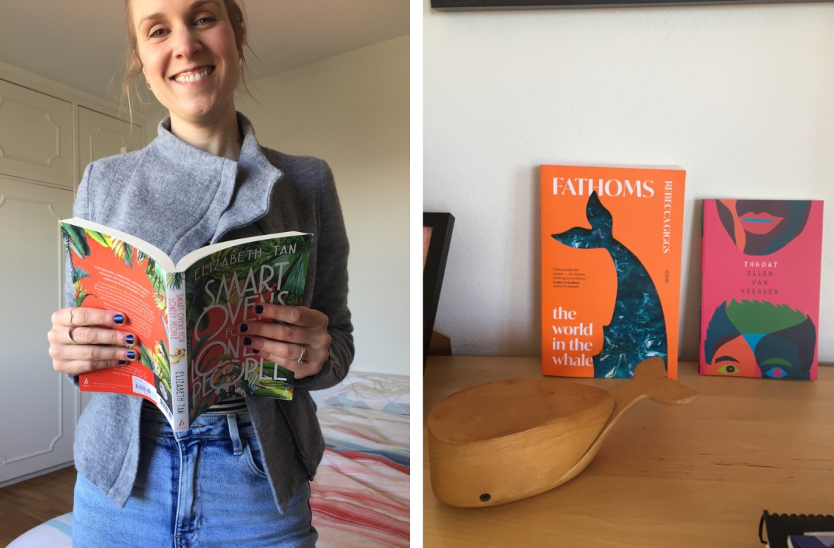 Two side-by-side photos The left image is a woman smiling and holding a book open in front of her The right is two books - one orange one pink - leaning against a wall accompanied by a small wooden sculpture of a whale