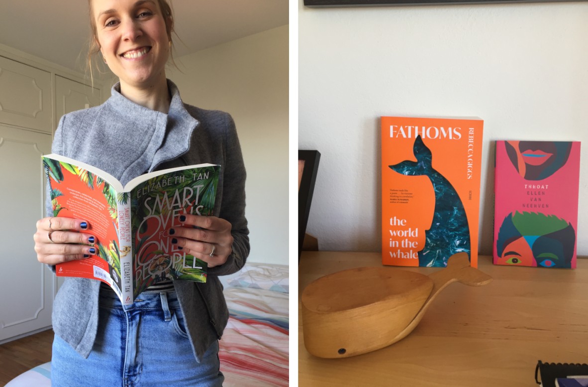 Two side-by-side photos. The left image is a woman smiling and holding a book open in front of her. The right is two books - one orange, one pink - leaning against a wall, accompanied by a small wooden sculpture of a whale.