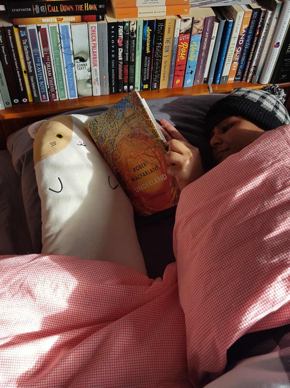 A woman lying in bed reading. There's a bookshelf embedded in the bedhead behind her.