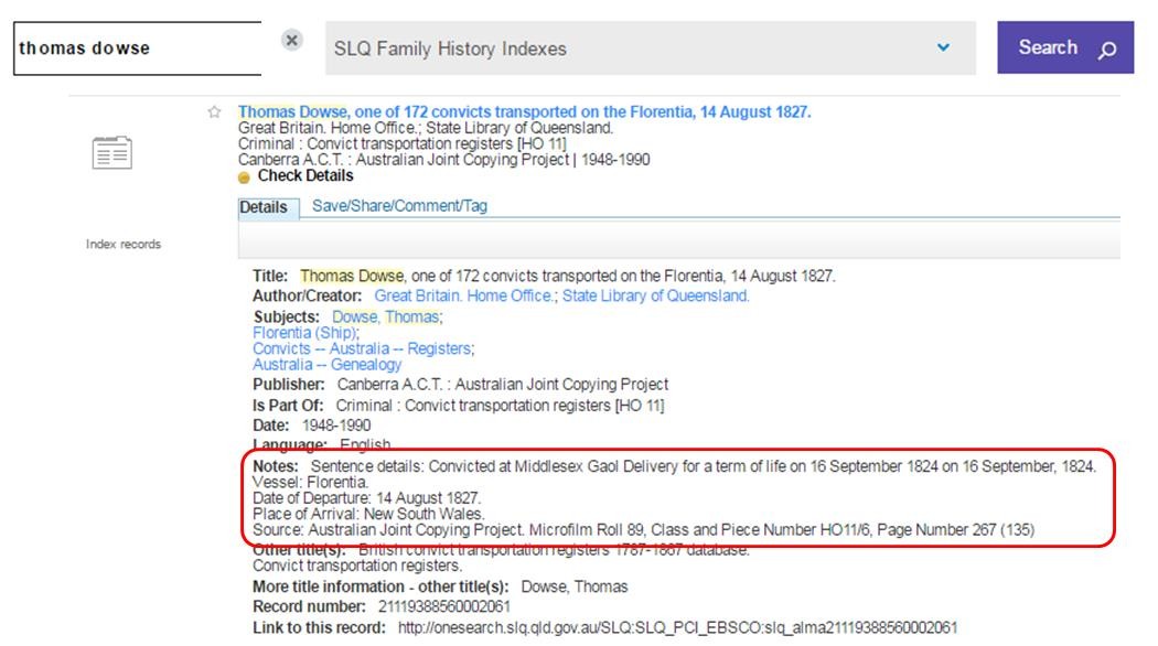 One Search catalogue entry for Thomas Dowse from the "British Convict Transportation Register".