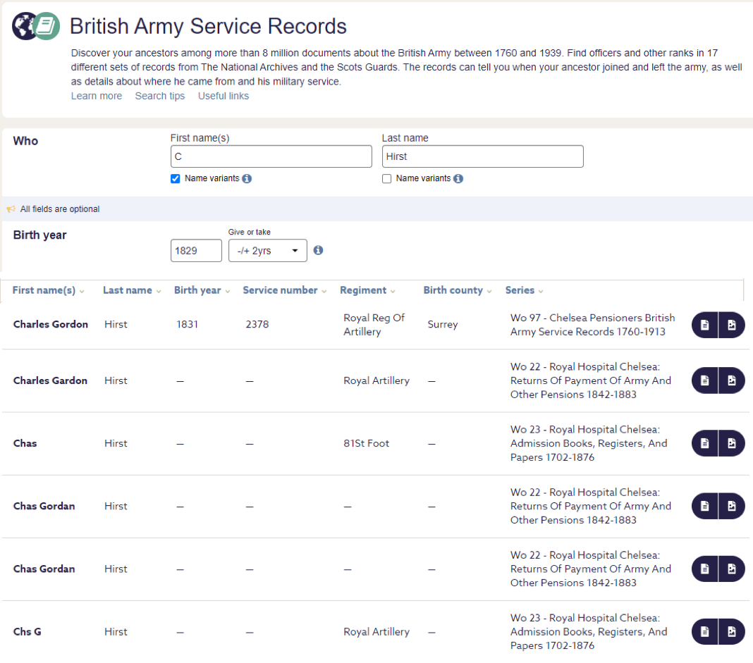 British Army Service Records search for C Hirst